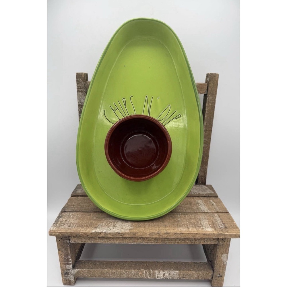 Rae Dunn Avocado Chips N Dip Serving Platter Magenta Green Brown Ceramic Tray